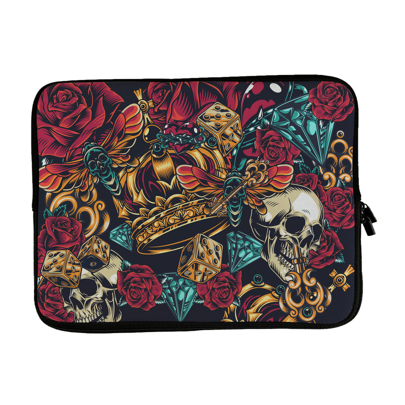 Laptop Sleeve with Coloured Skulls and Roses Design