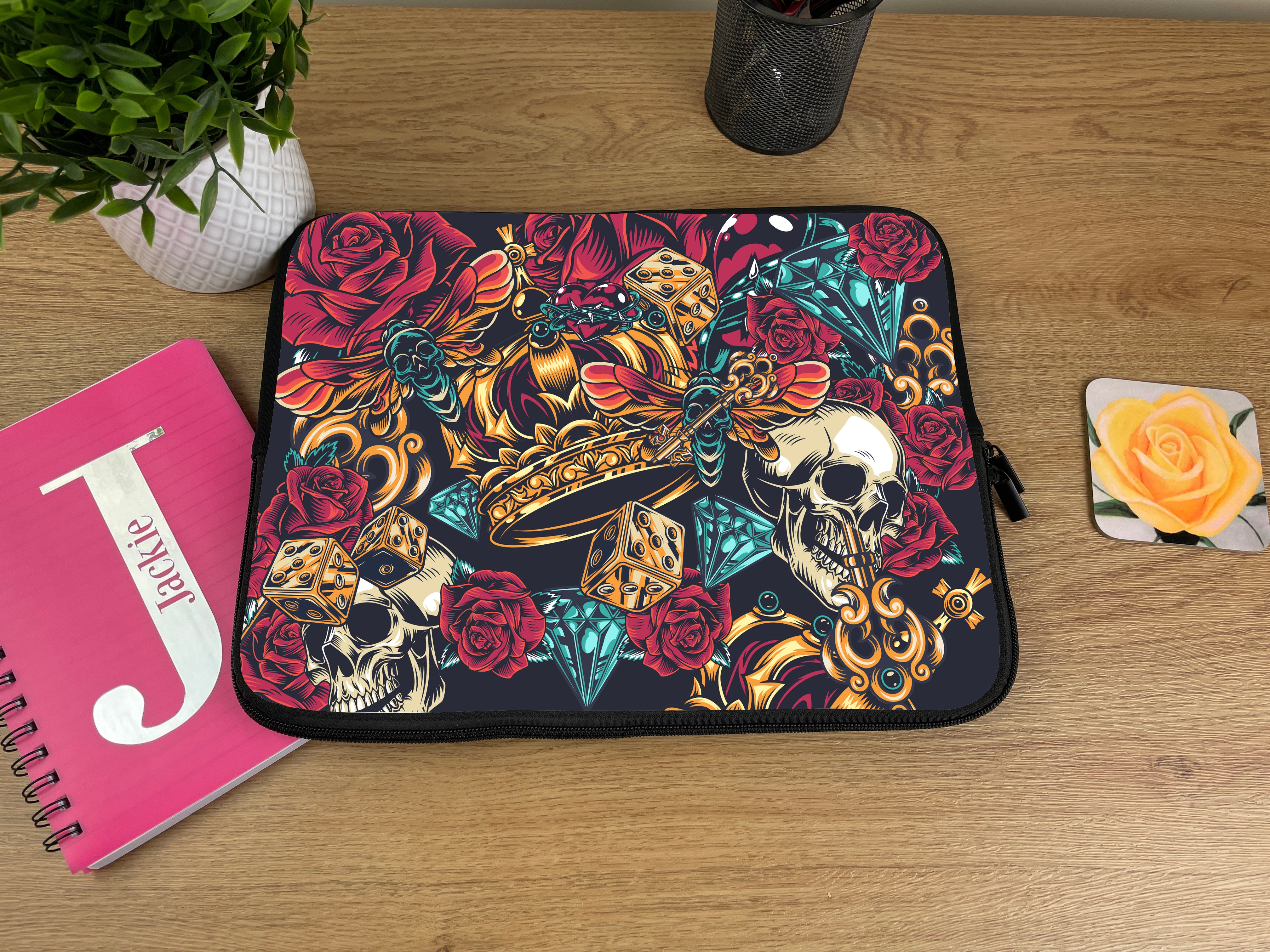 Laptop Sleeve with Coloured Skulls and Roses Design