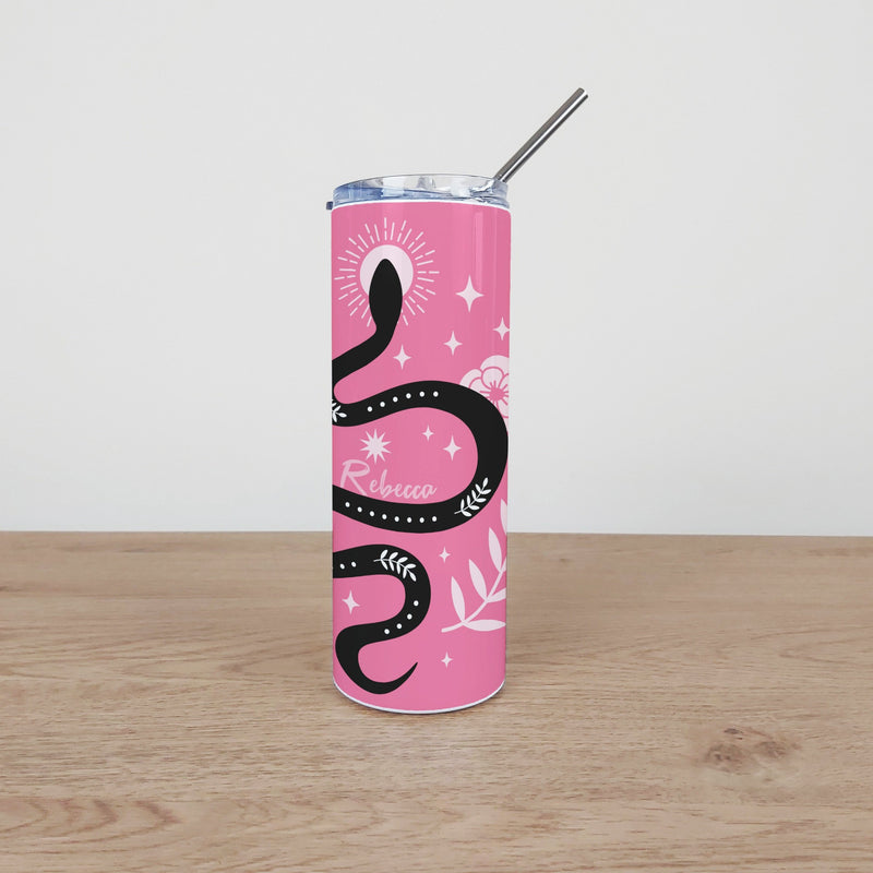 Personalised Stainless Steel Skinny Tumbler & Straw with Pink Snake Design