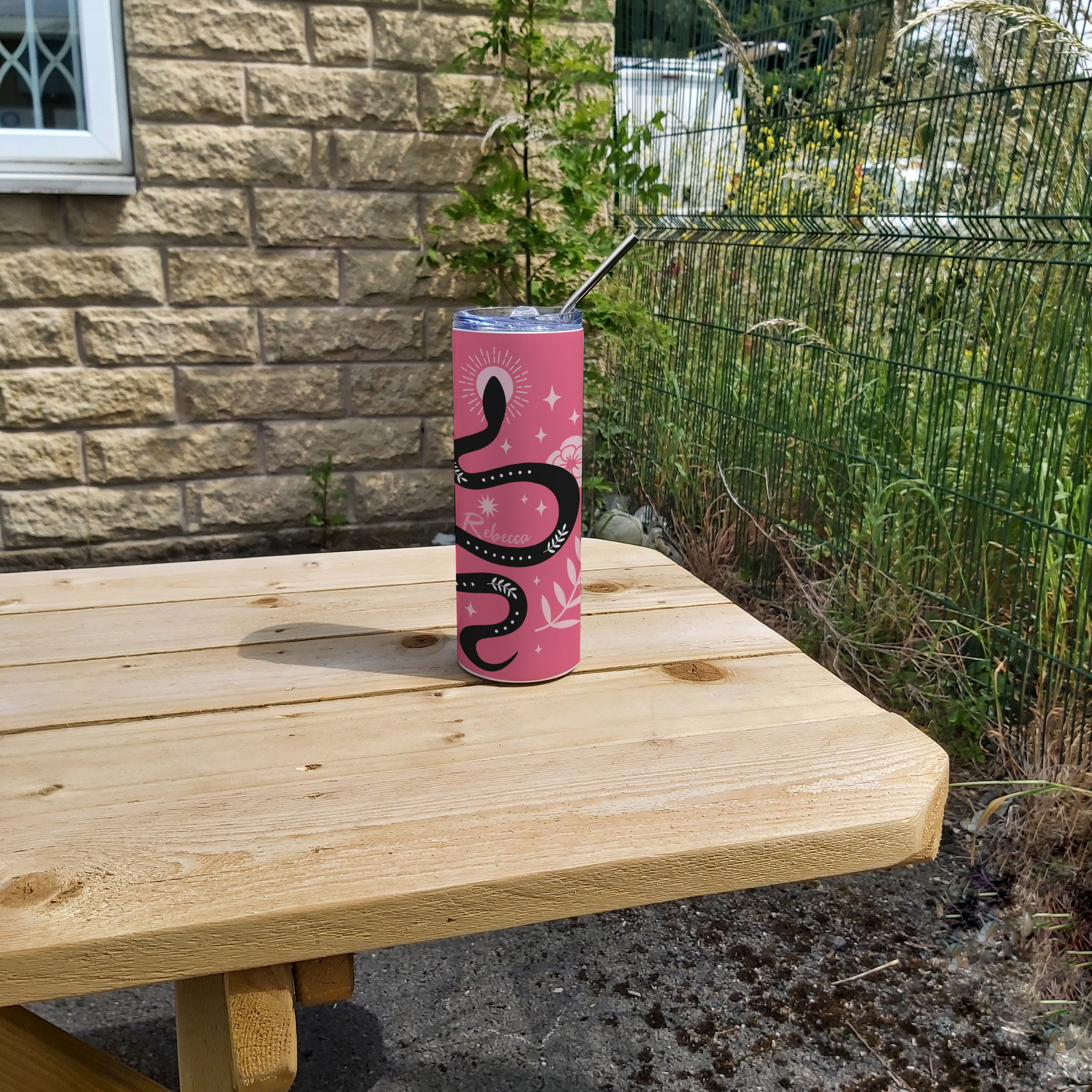 Personalised Stainless Steel Skinny Tumbler & Straw with Pink Snake Design