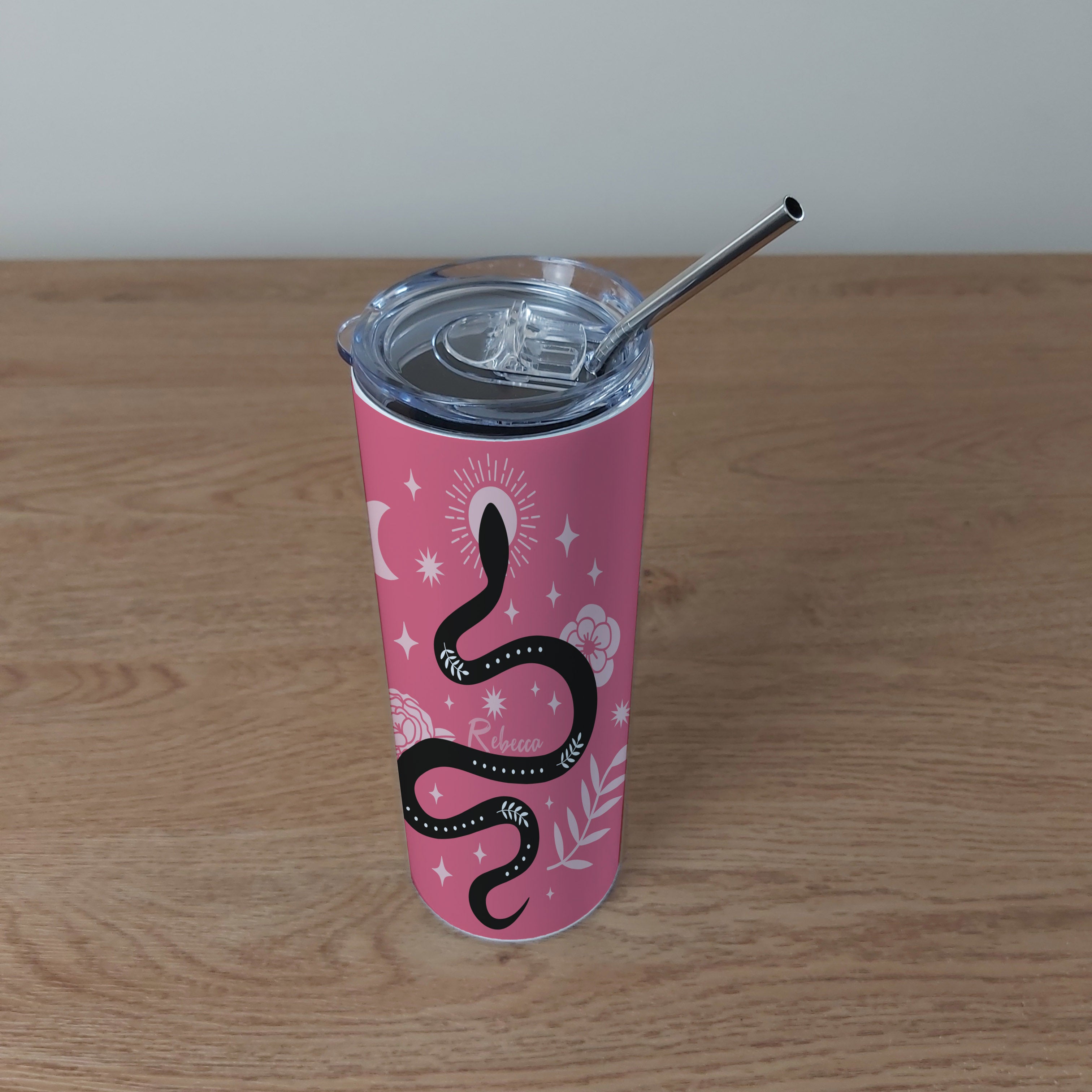 Personalised Stainless Steel Skinny Tumbler & Straw with Pink Snake Design