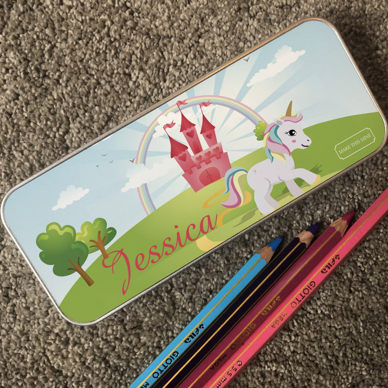 Personalised Children's Pencil Tin with Printed Unicorn Fairytale Design