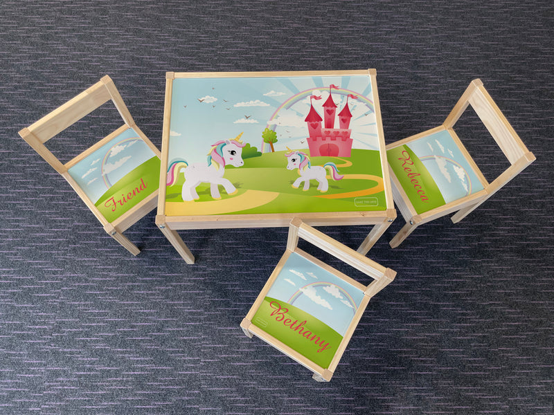 Personalised Children's Table and 3 Chairs Printed Unicorn Fairytale Design