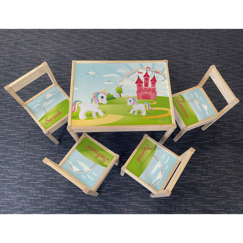 Personalised Children's Table and 4 Chairs Printed Unicorn Fairytale Design
