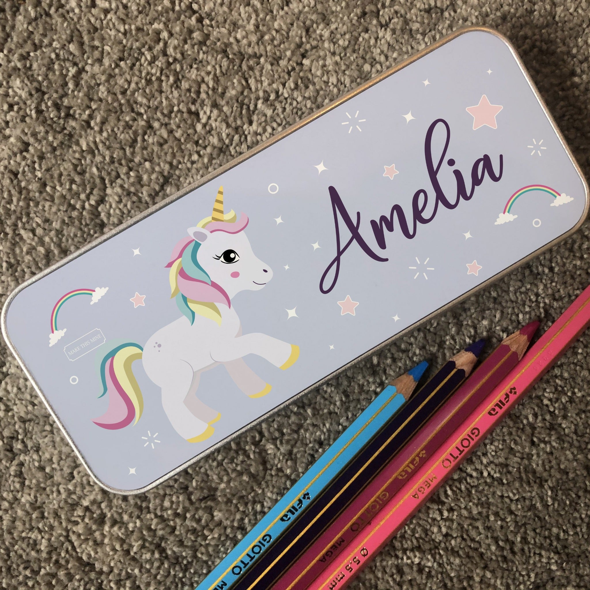 Personalised Children's Pencil Tin with Printed Unicorn Sparkle Design