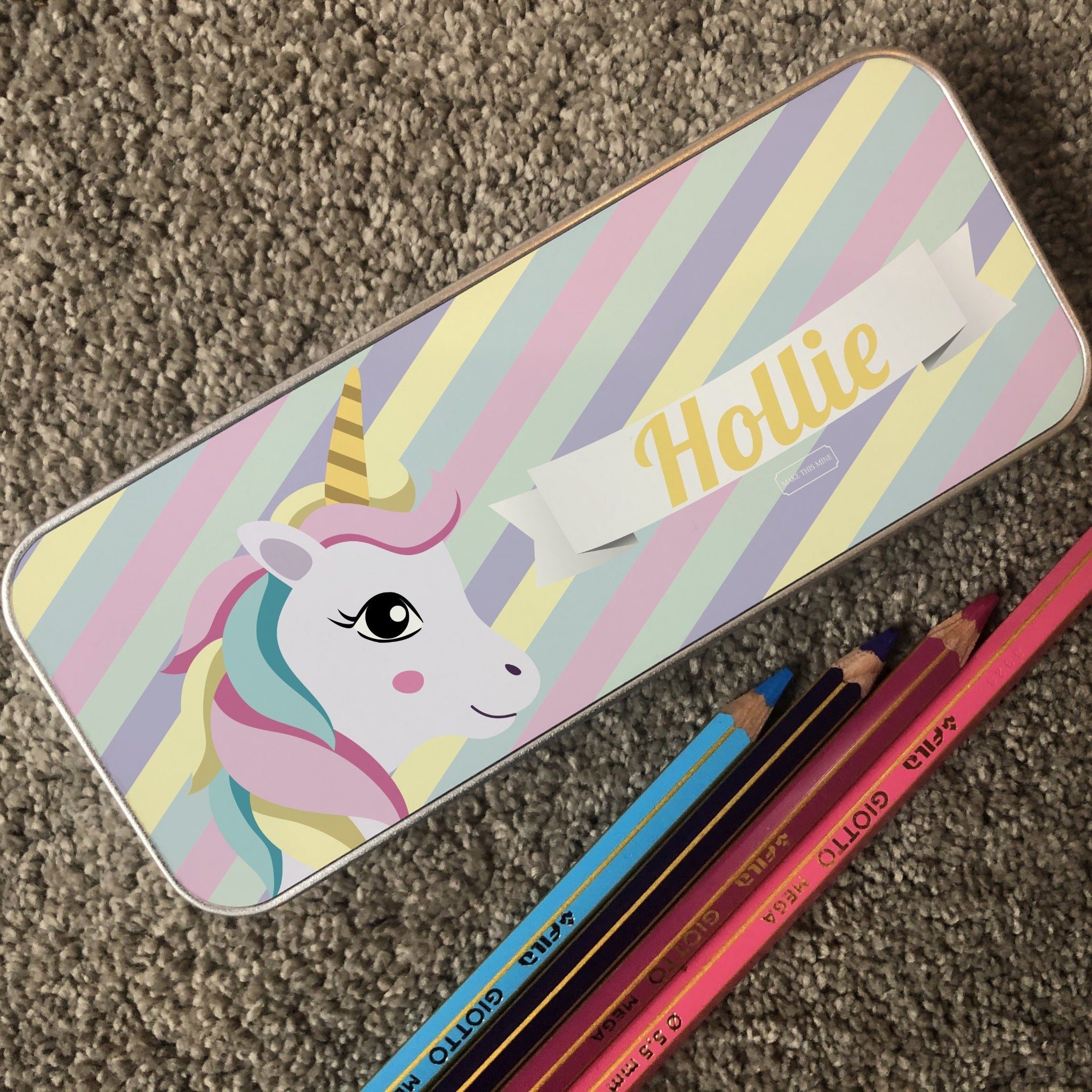 Personalised Children's Pencil Tin with Printed Striped Unicorn Design