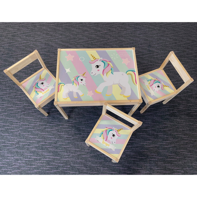 Personalised Children's Table and 3 Chairs Printed Striped Unicorn Design