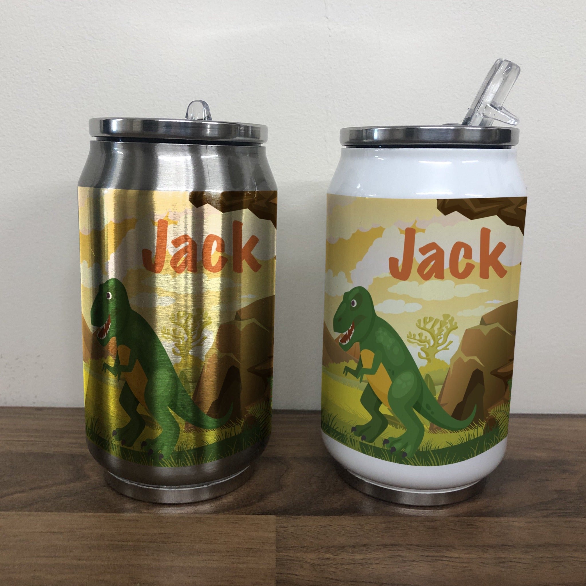 Personalised Children's Orange Dinosaur 280ml Stainless Steel Drinks Can