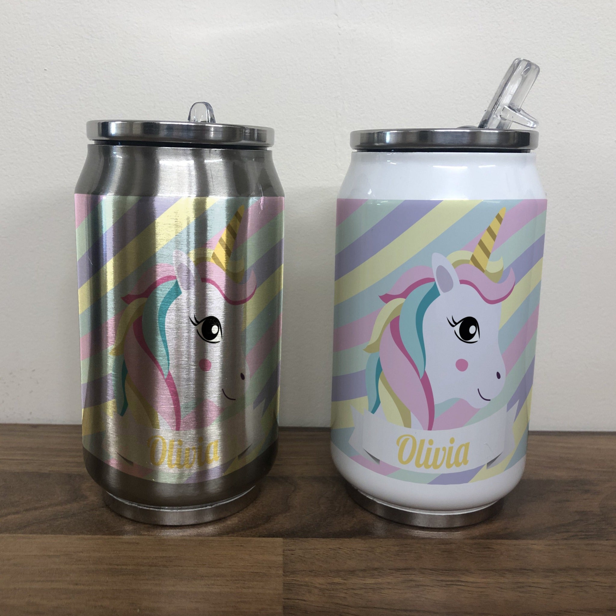 Personalised Children's Striped Unicorn 280ml Stainless Steel Drinks Can