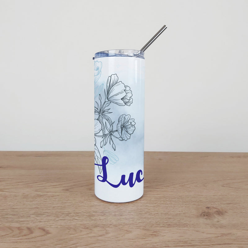 Personalised Stainless Steel Skinny Tumbler & Straw with Watercolour Flower