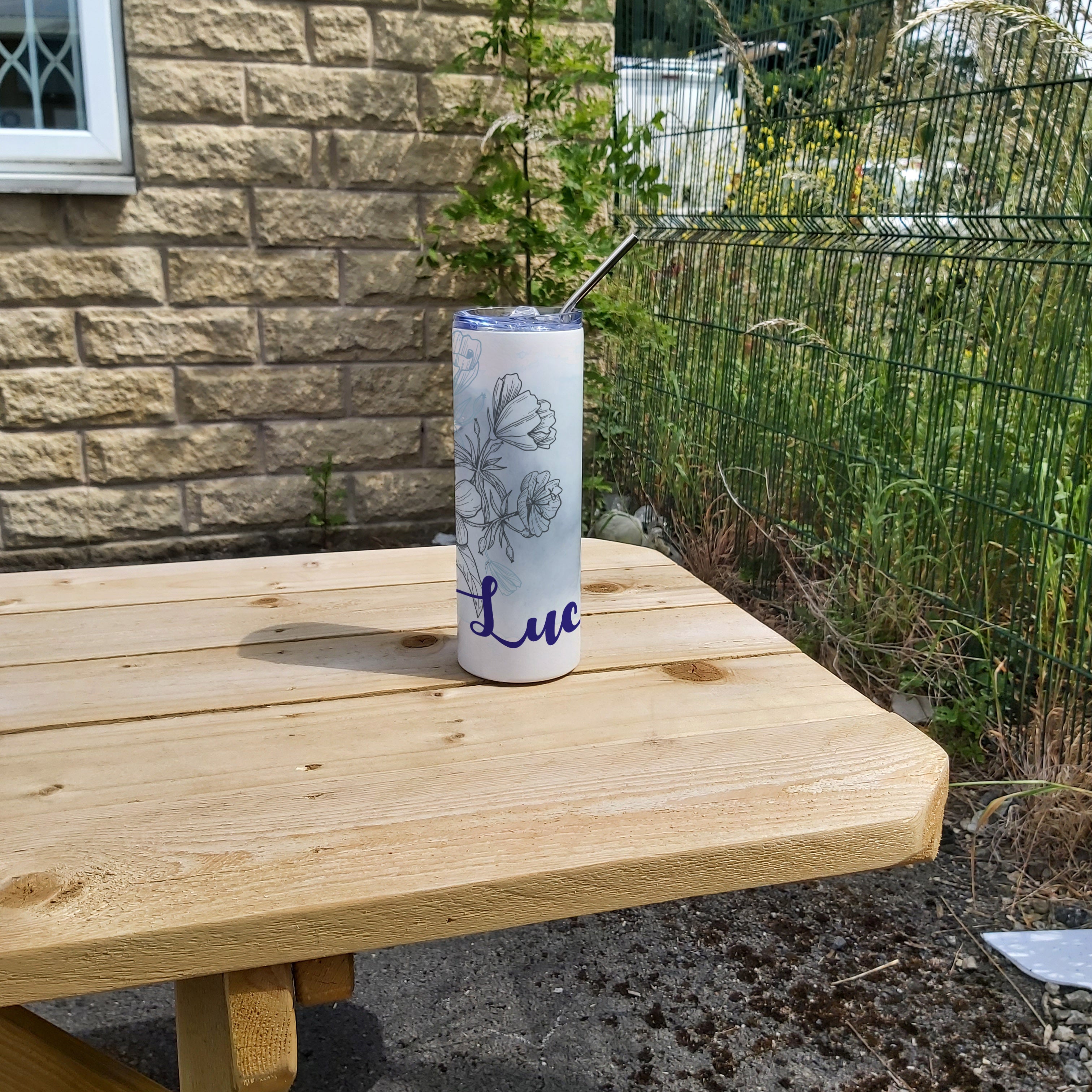 Personalised Stainless Steel Skinny Tumbler & Straw with Watercolour Flower