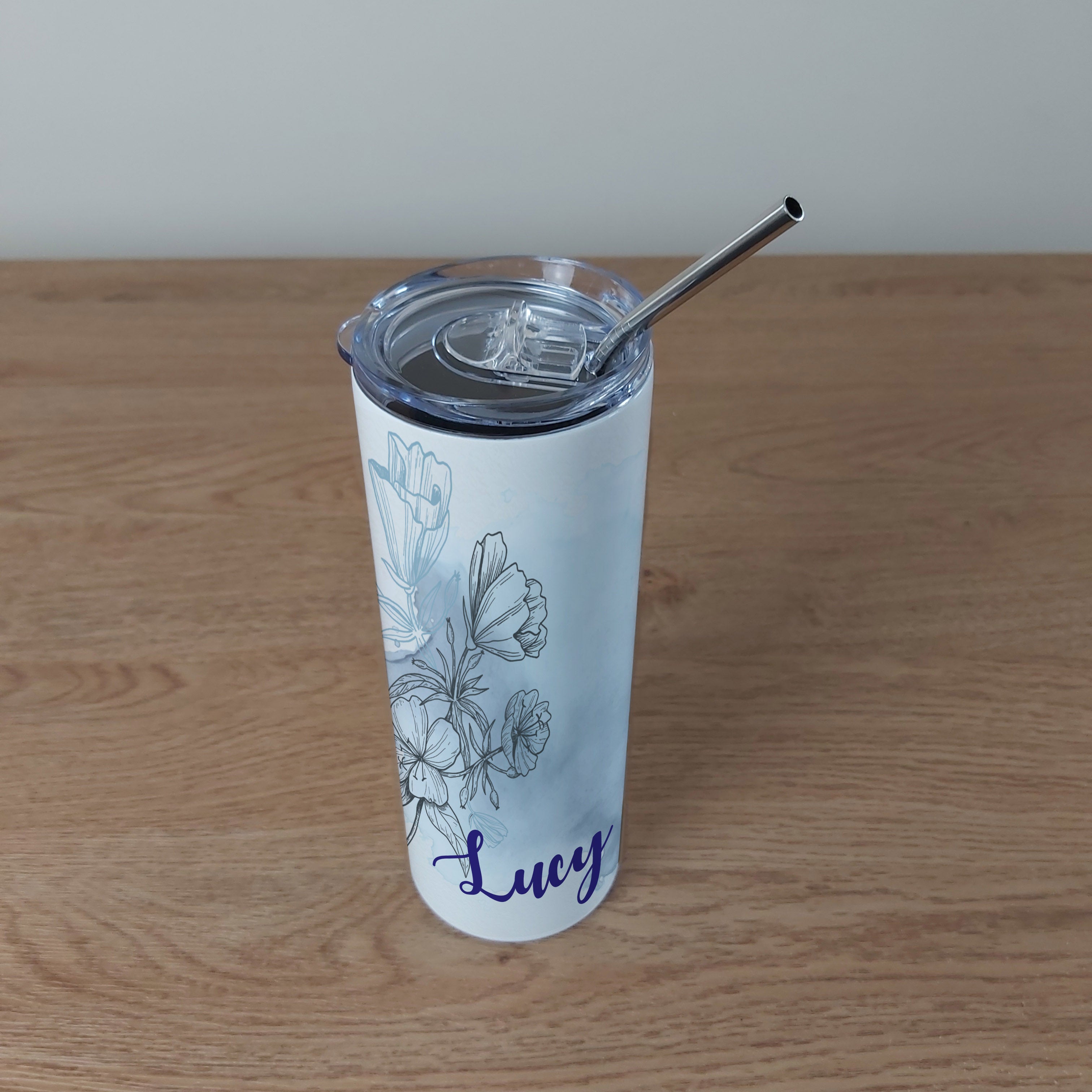 Personalised Stainless Steel Skinny Tumbler & Straw with Watercolour Flower