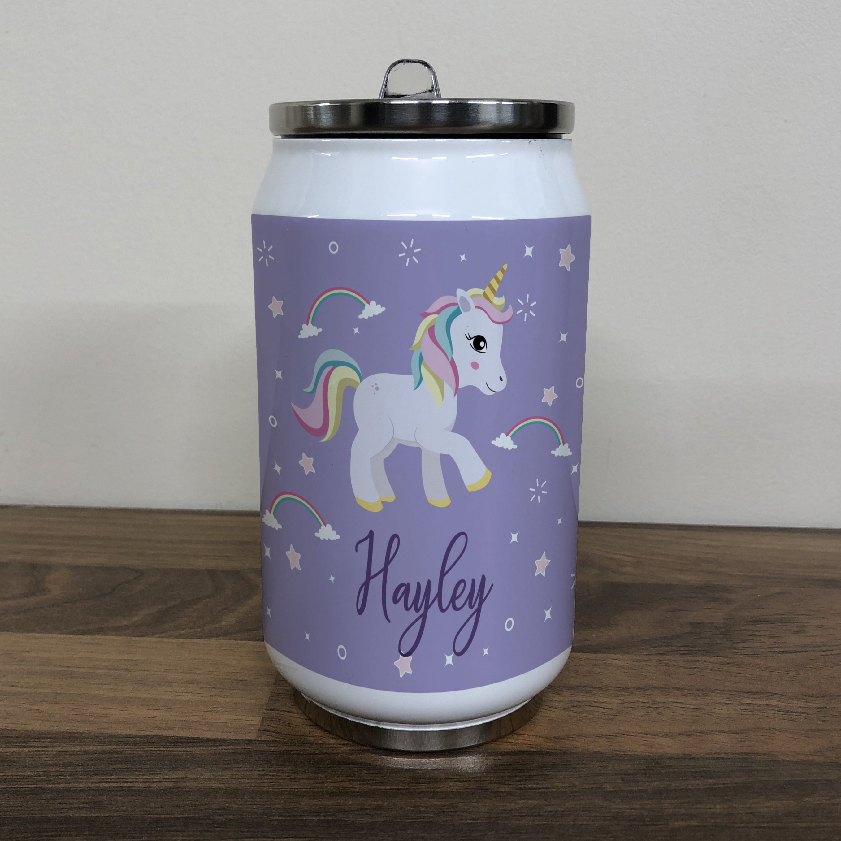 Personalised Children's Purple Unicorn 280ml Stainless Steel Drinks Can