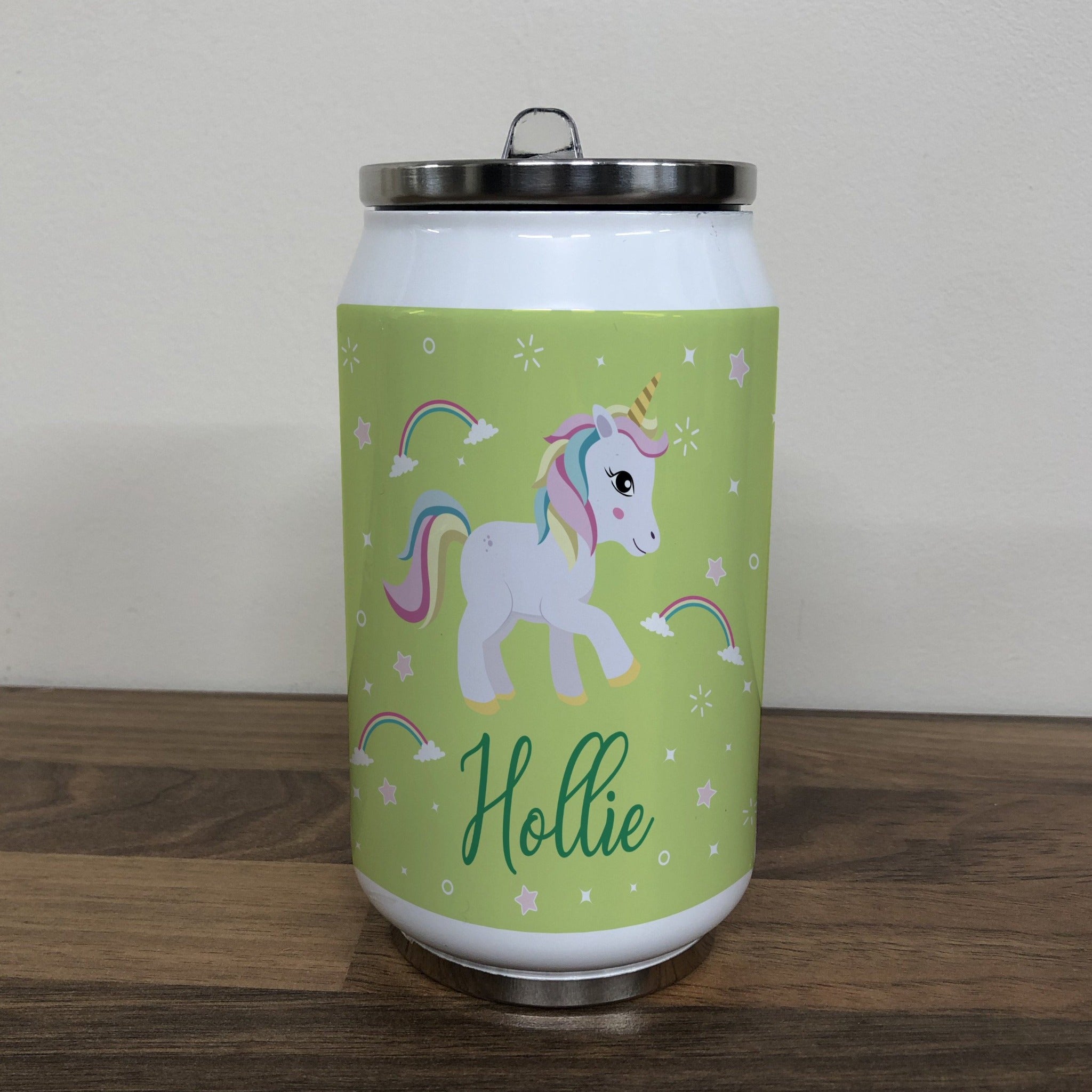 Personalised Children's Green Unicorn 280ml Stainless Steel Drinks Can