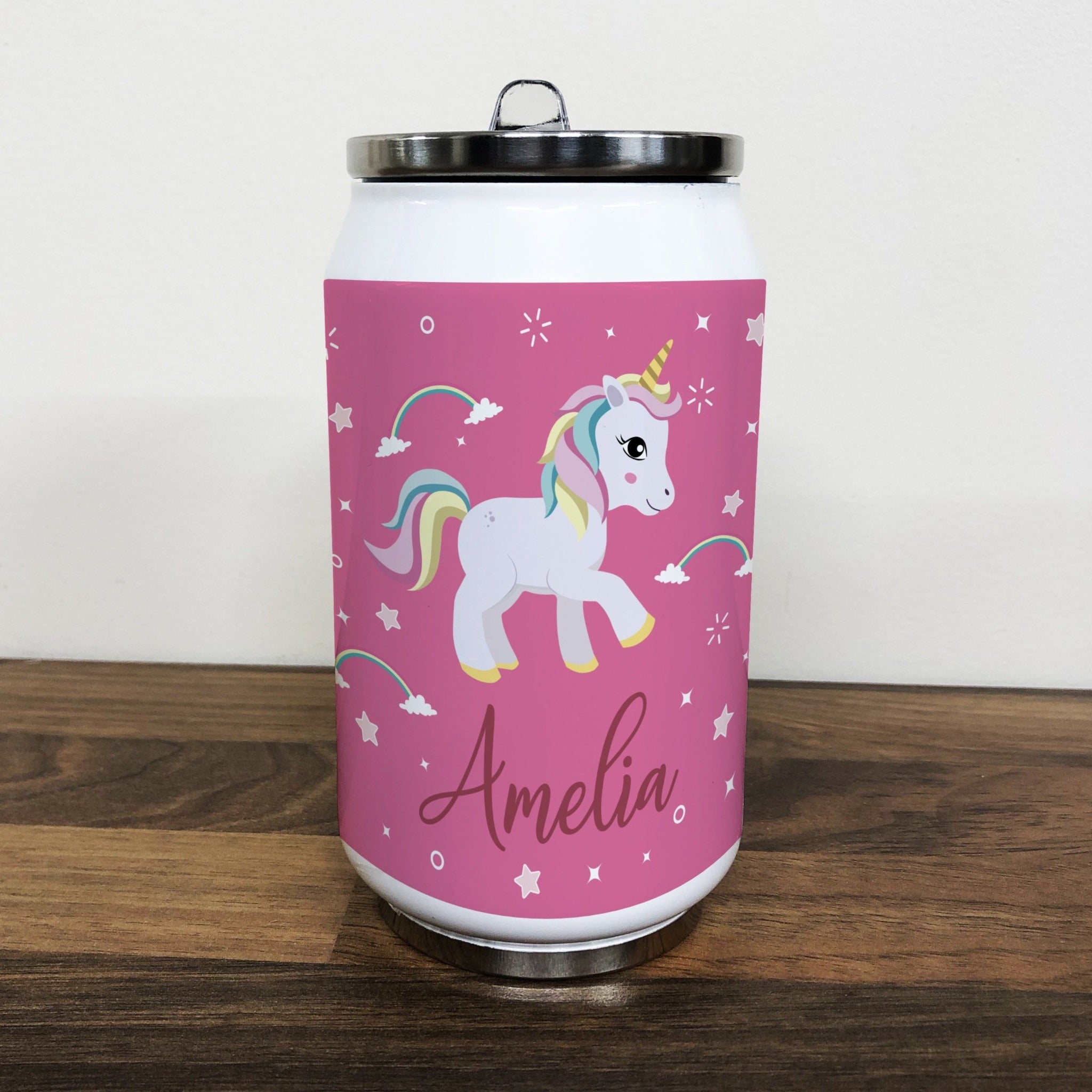 Personalised Children's Pink Unicorn 280ml Stainless Steel Drinks Can