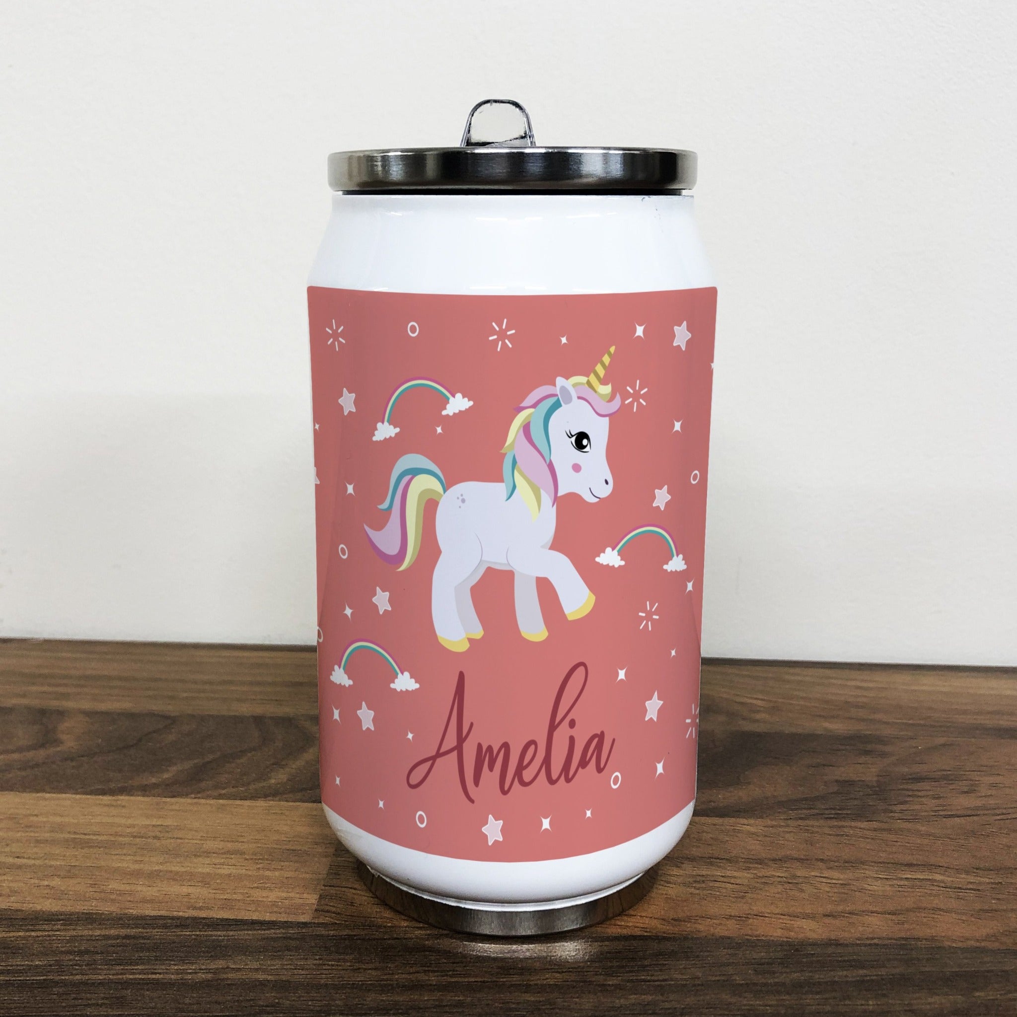 Personalised Children's Red Unicorn 280ml Stainless Steel Drinks Can