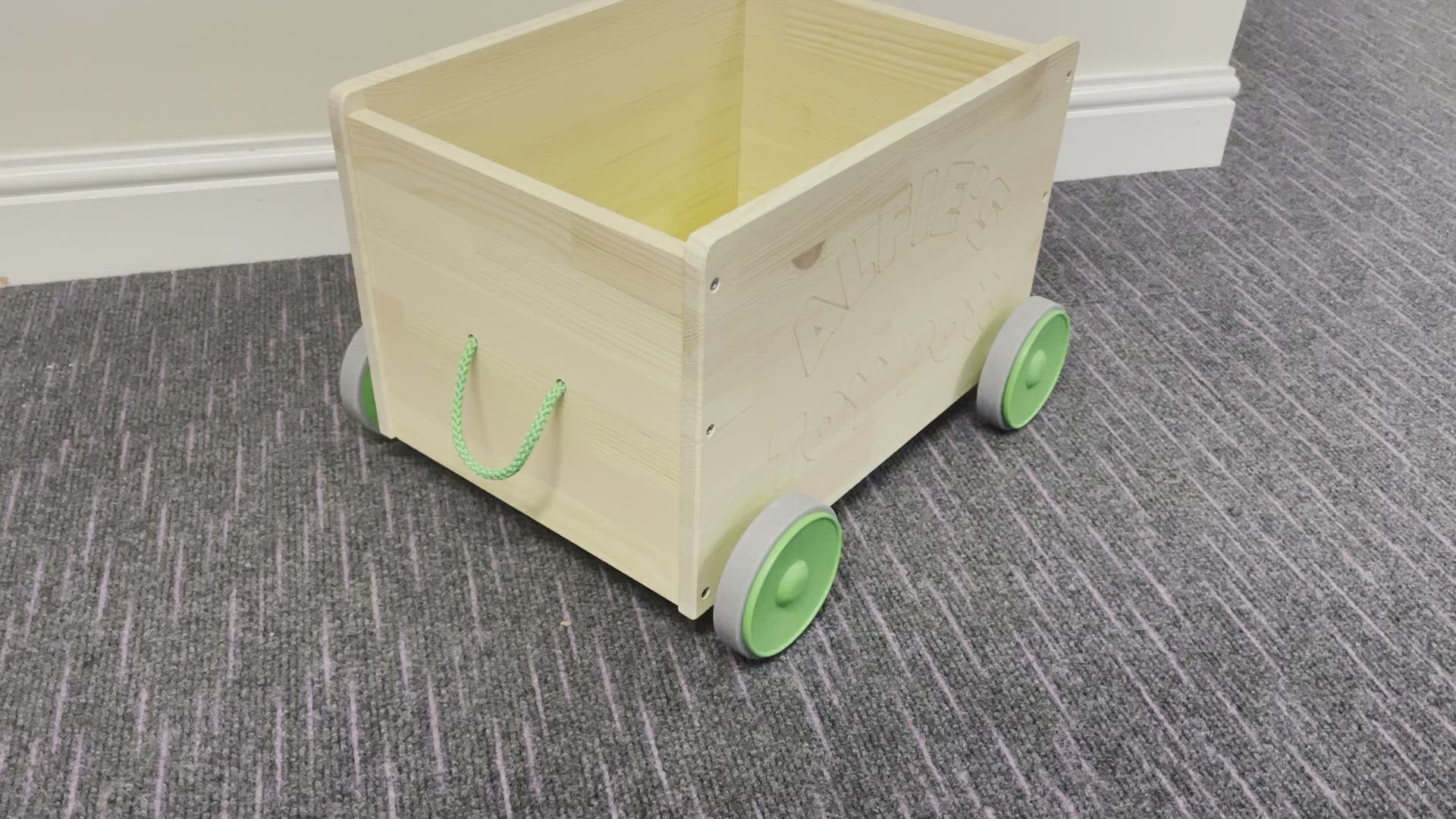 Load video: Personalised Children&#39;s Wooden Toy Box Trolley