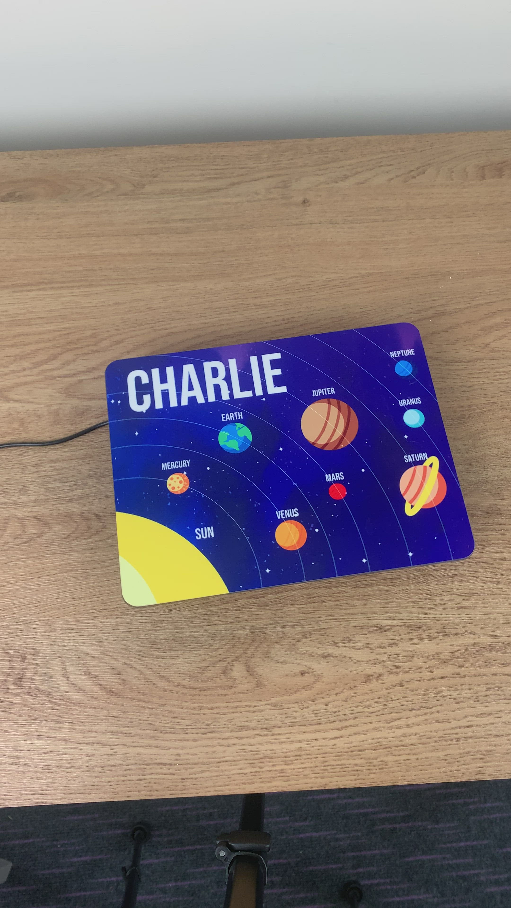 Load video: Personalised Kids Hardboard Placemat and Coaster Set Planet Design