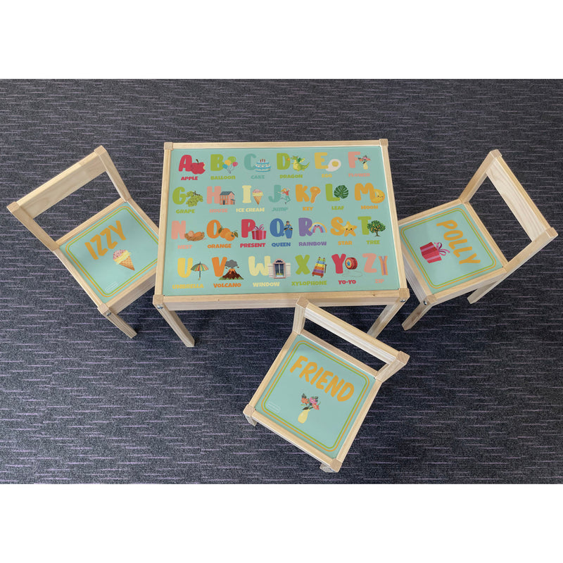 Personalised Children's Table and 3 Chairs Printed Object Alphabet Design