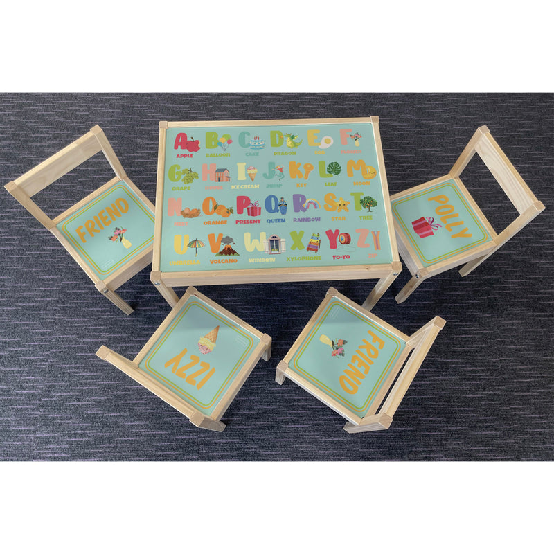 Personalised Children's Table and 4 Chairs Printed Object Alphabet Design