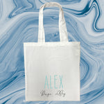 Paige Boy Personalised White Tote Bag with Blue Text
