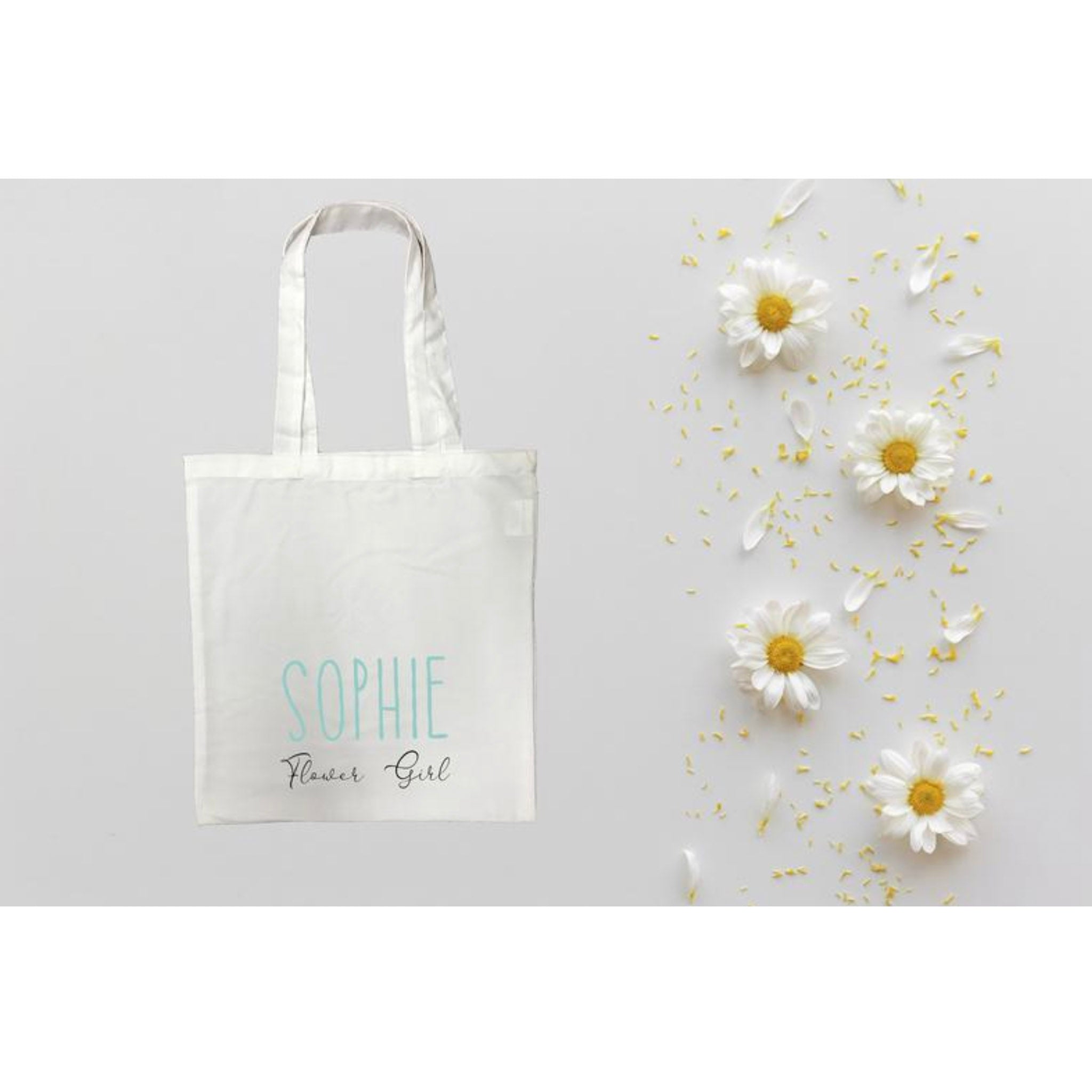 Flower Girl Personalised White Tote Bag with Blue Text