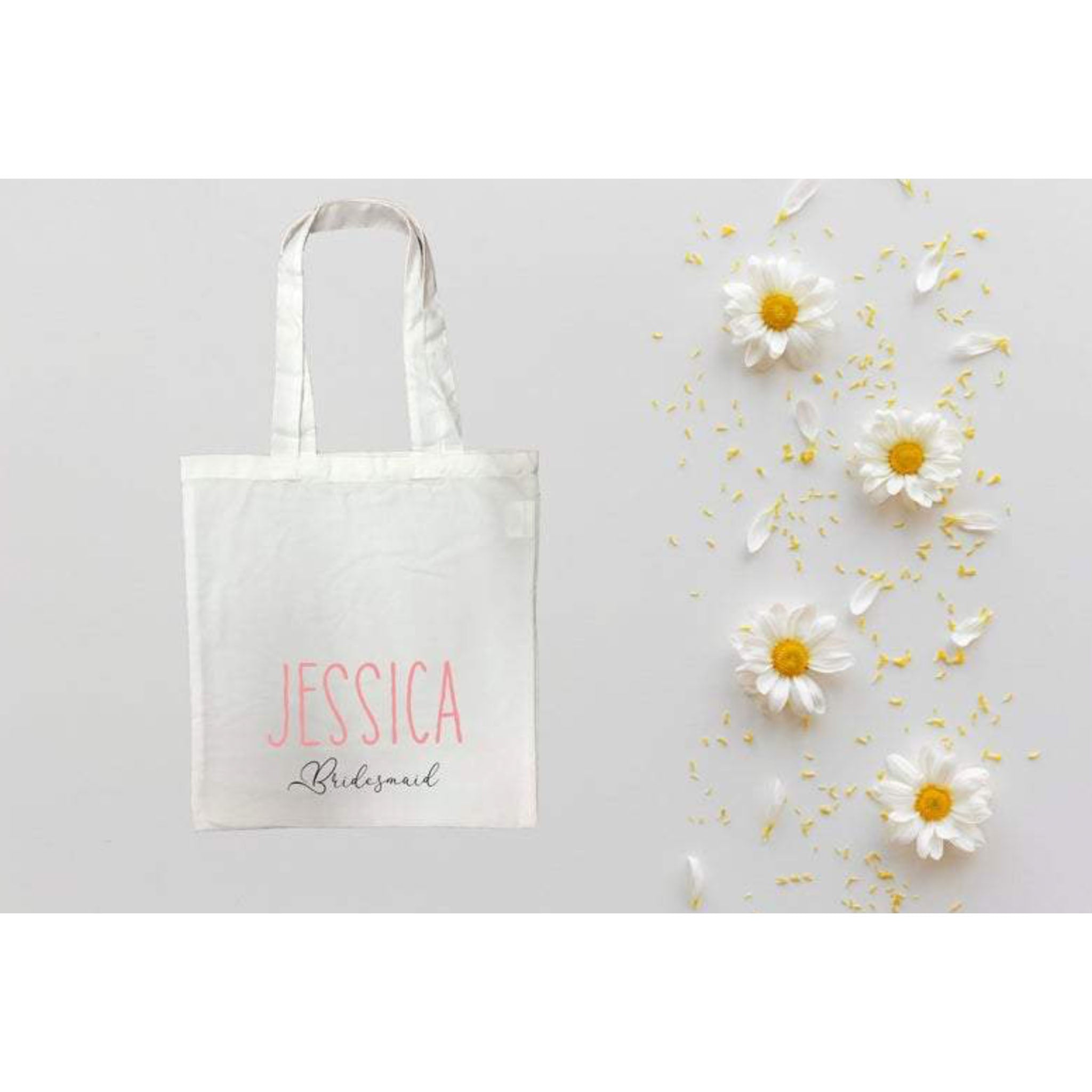 Personalised Bridesmaid White Tote Bag With Pink Text