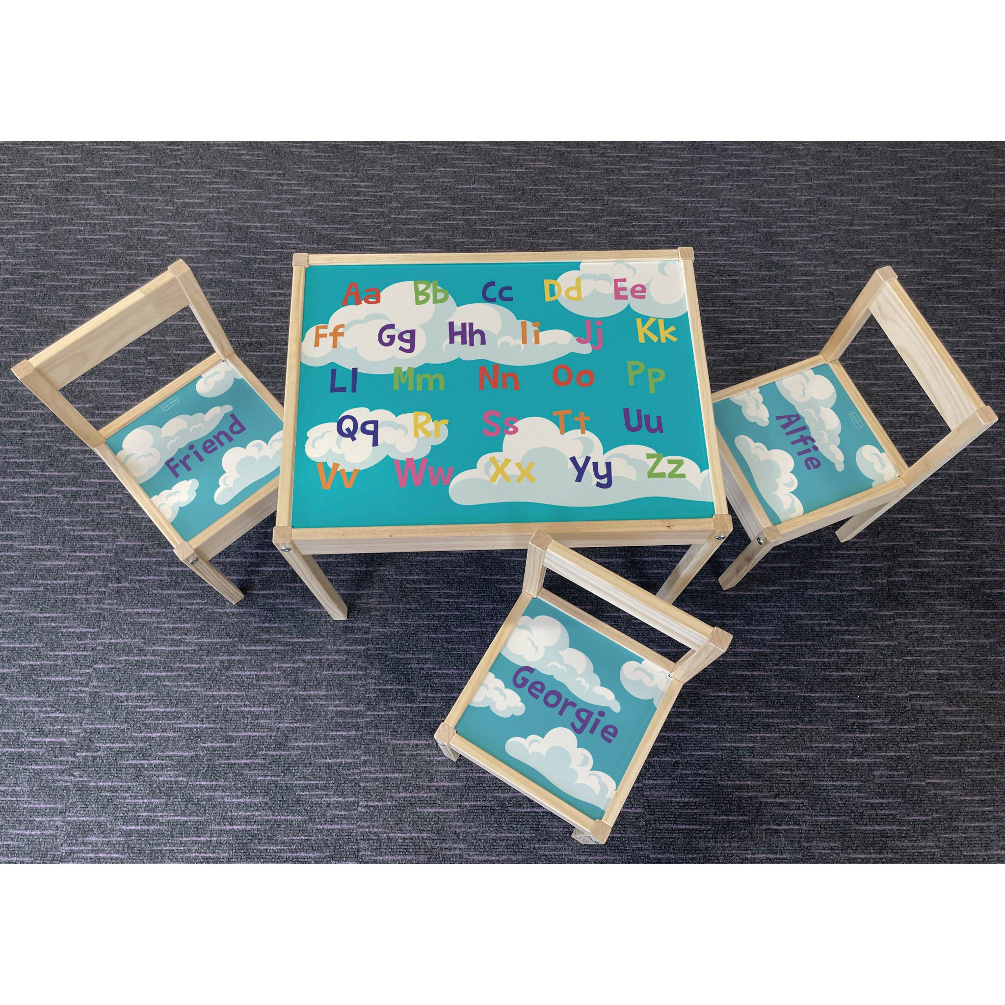 Personalised Children's Table and 3 Chairs Printed Cloud Alphabet Design