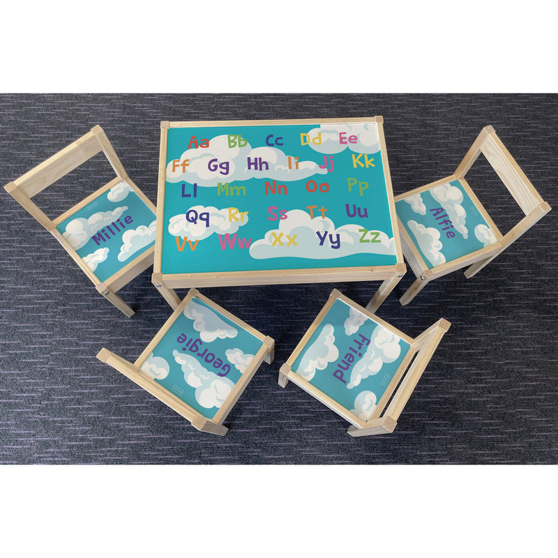 Personalised Children's Table and 4 Chairs Printed Cloud Alphabet Design