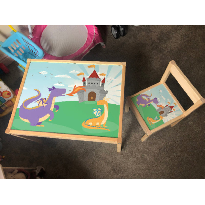 Personalised Children's Table and 1 Chair STICKER Dragon Fairytale Design