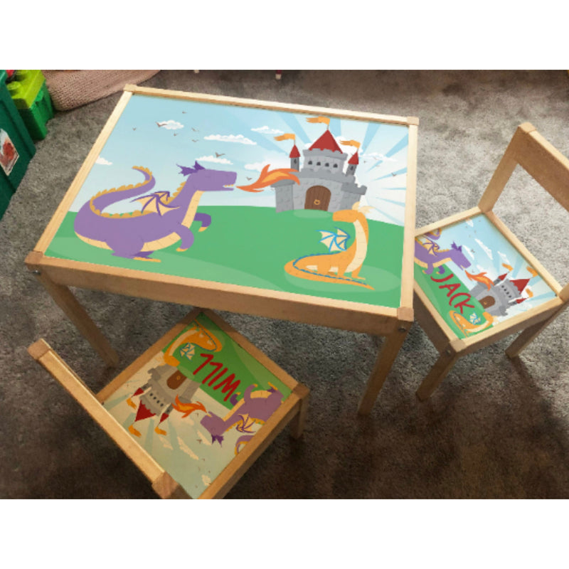 Personalised Children's Table and 2 Chair STICKER Dragon Fairytale Design