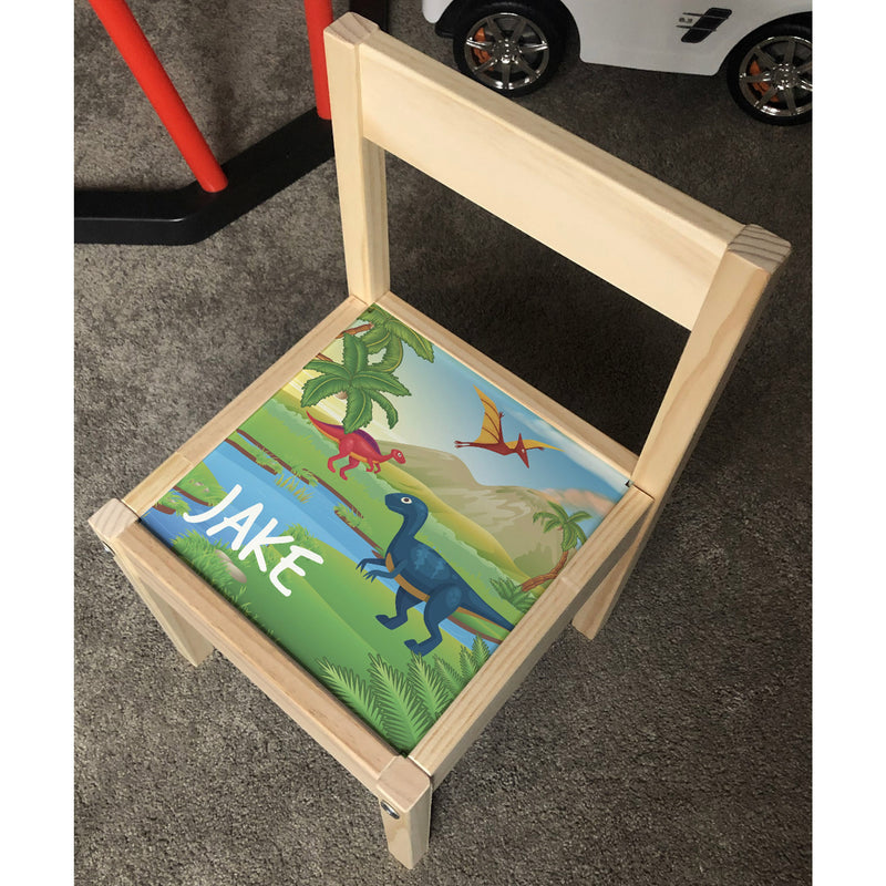 Personalised Children's Chair Printed Dinosaur Landscape Design