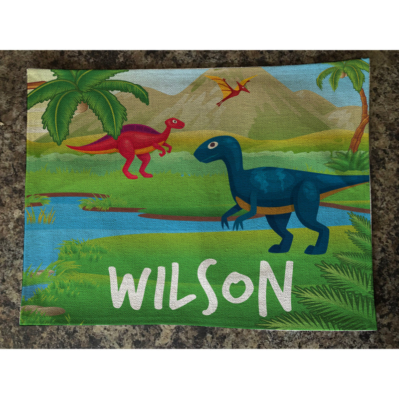 Personalised Kids Linen Placemat Dinosaur Landscape