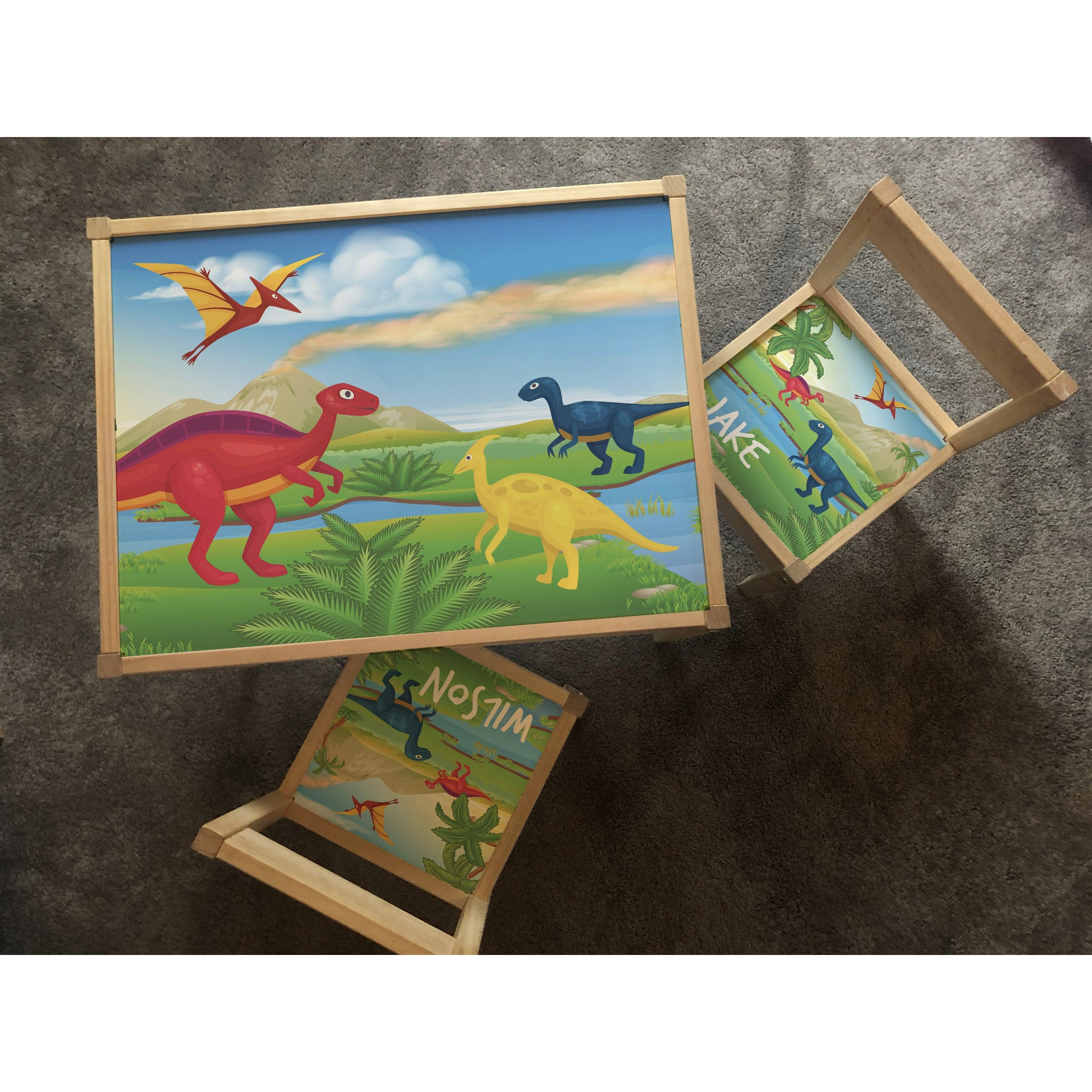 Personalised Children's Table and 2 Chairs Printed Dinosaur Landscape Design