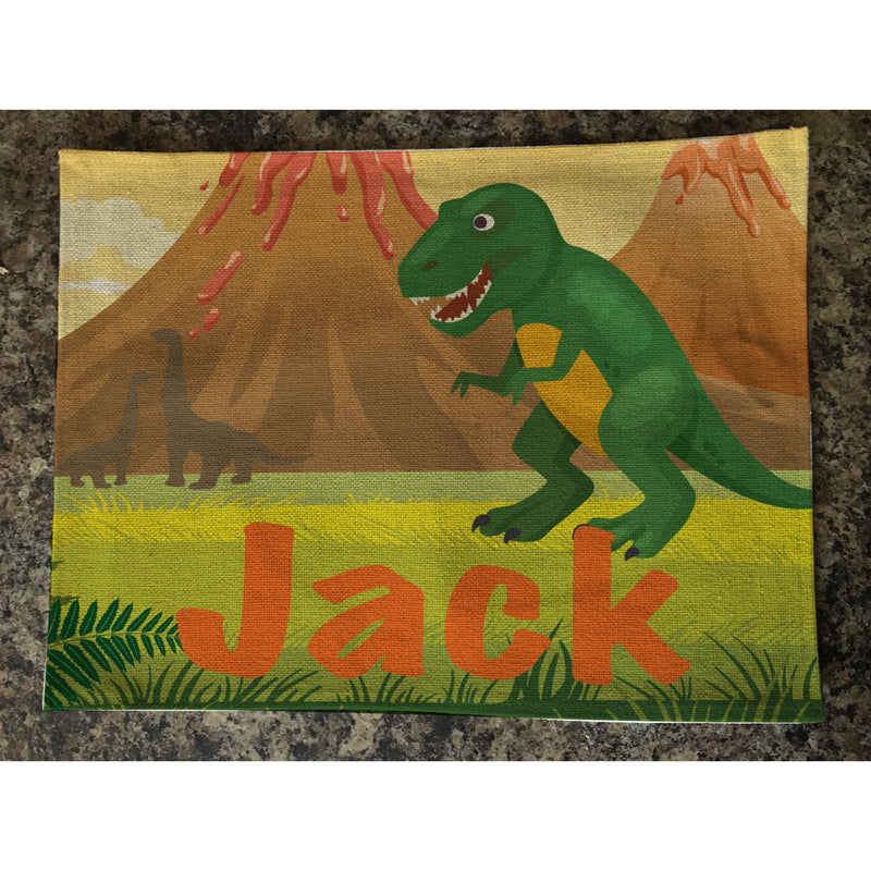 Personalised Kids Linen Placemat Dinosaur Volcano