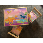 Personalised Children's Table and 2 Chairs Printed Pink Dinosaur Landscape Design