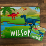 Personalised Kids Hardboard Placemat and Coaster Set Dinosaur Landscape Design