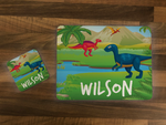 Personalised Kids Hardboard Placemat and Coaster Set Dinosaur Landscape Design