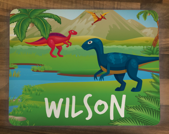 Personalised Kids Hardboard Placemat and Coaster Set Dinosaur Landscape Design