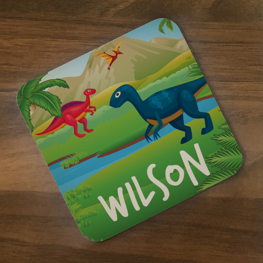 Personalised Kids Hardboard Placemat and Coaster Set Dinosaur Landscape Design