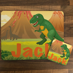 Personalised Kids Hardboard Placemat and Coaster Set Dinosaur Volcano Design