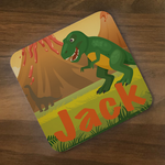 Personalised Kids Hardboard Placemat and Coaster Set Dinosaur Volcano Design