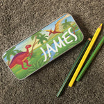 Personalised Children's Pencil Tin with Printed Dinosaur Landscape Design