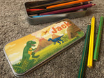 Personalised Children's Pencil Tin with Printed Dinosaur Volcano Design