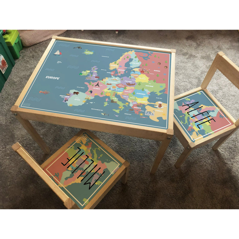 Personalised Children's Table and 2 Chairs Printed Europe Map Design