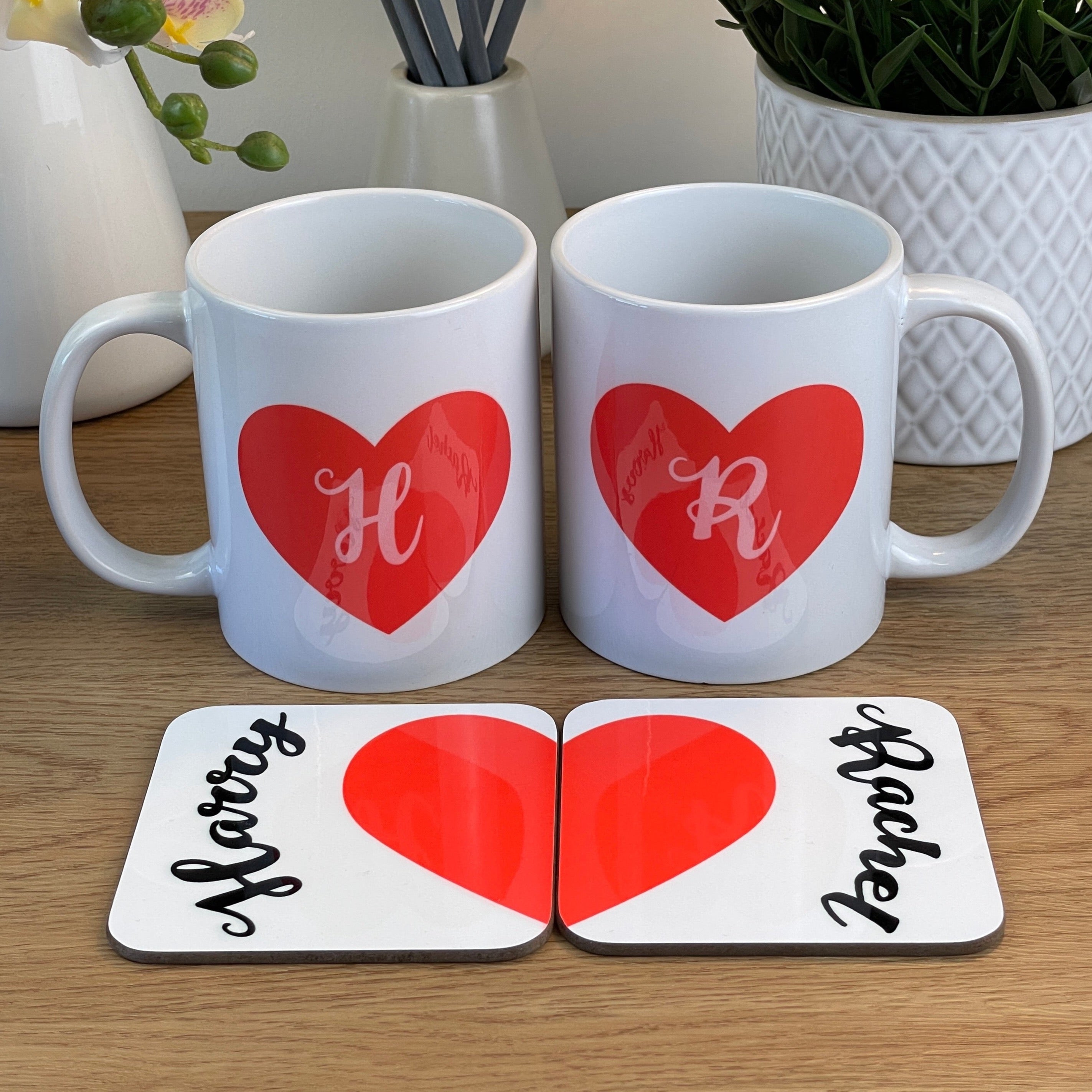 Personalised Valentine's Day 2 x Couples Mug & Coaster Set - Matching Heart