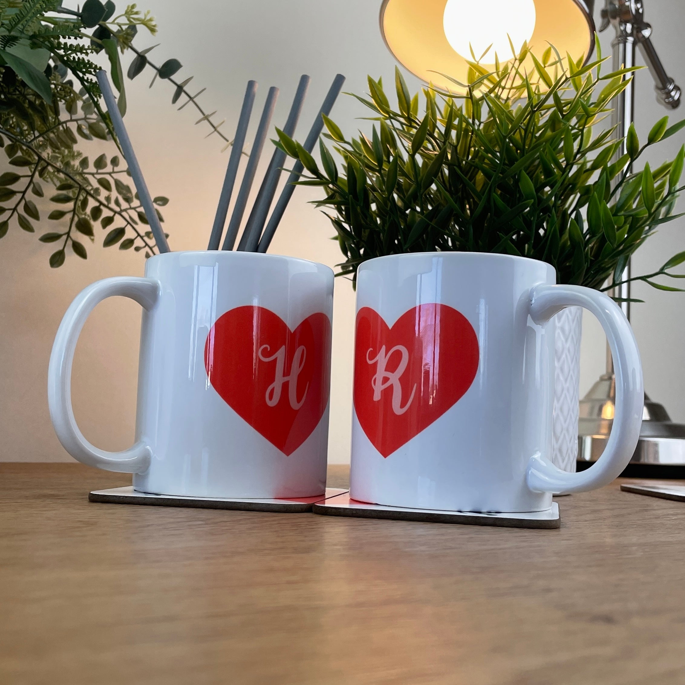 Personalised Valentine's Day 2 x Couples Mug & Coaster Set - Matching Heart