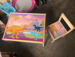 Personalised Children's Table and 1 Chair Printed Pink Dinosaur Landscape Design