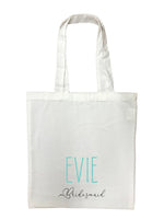 Personalised Bridesmaid White Tote Bag with Blue Text