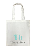 Maid of Honour Personalised White Tote Bag with Blue Text